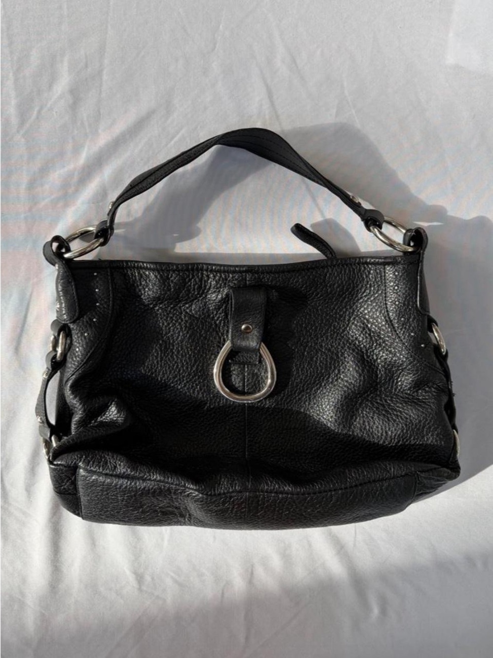 Franco Sarto Black Leather Shoulder Bag with Silver Ring Hardware